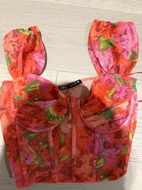 Zara Orange and Pink Floral Mesh Bustier